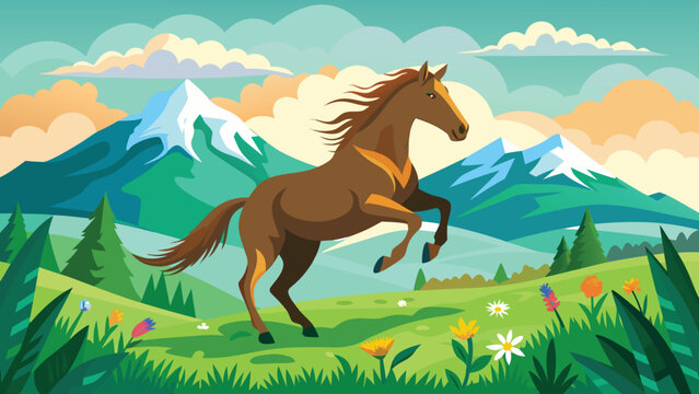 Watercolor textured vector art of horse jumping in green field, wildflowers, mountains