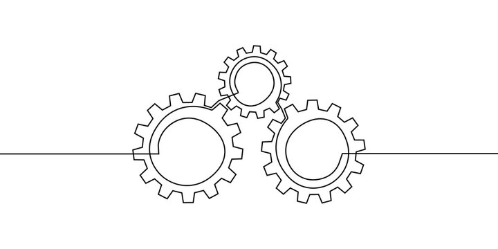 Continuous one line gear art icon cog work business factory wheel. Gear one line setting outline computer cogwheel technology sketch drawing science stroke machine brain background idea industry data.