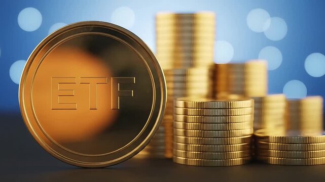 Golden coin with etf inscription and stacked gold coins in soft focus background