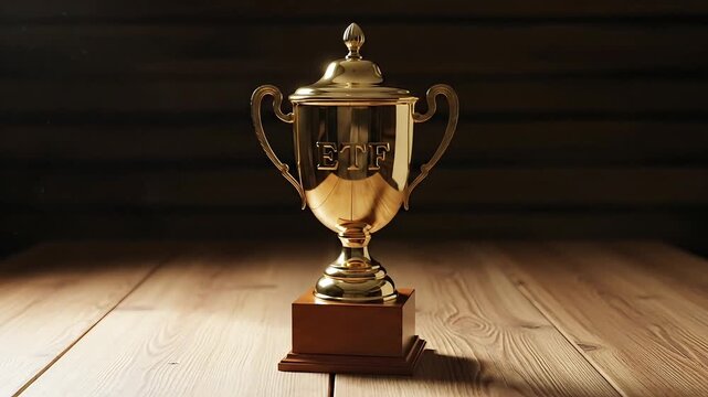 Golden etf trophy on a wooden surface with a dark wood plank background