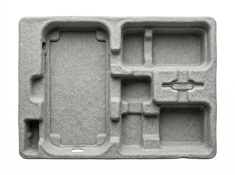 Close-up view of a gray foam packaging tray on a white background