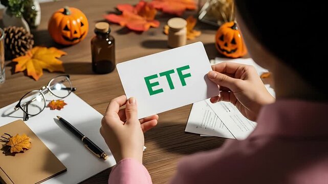 Person holding a card with etf text surrounded by autumn decorations