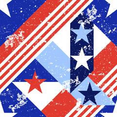 Obraz premium Vector geometric seamless pattern with abstract USA flag and grunge texture. American patriotic textile print design