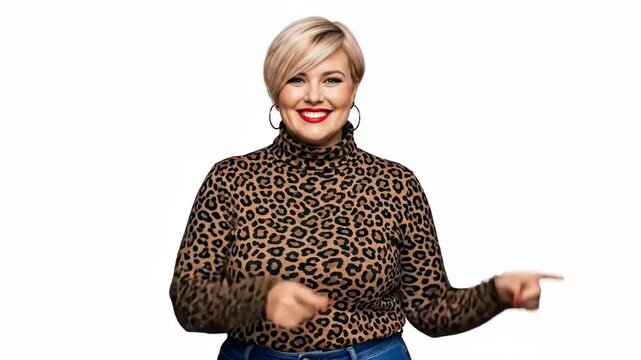 A young woman in a leopard print dress pointing upwards