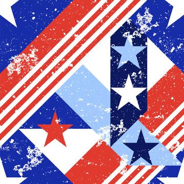 Vector geometric seamless pattern with abstract USA flag and grunge texture. American patriotic textile print design