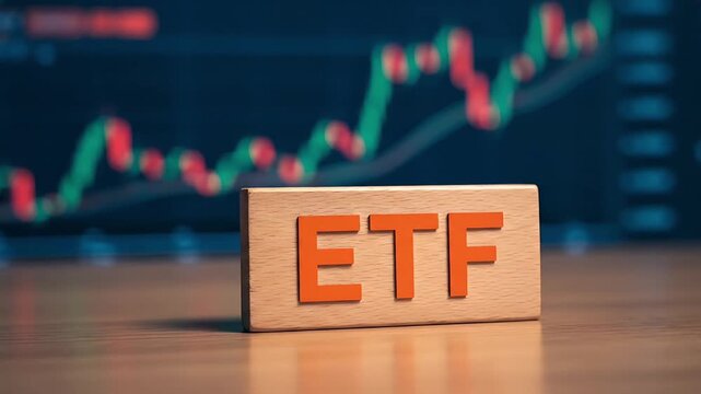 Wooden block with etf text against stock market chart background