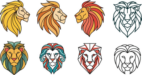 Stylized lion head collection with geometric and colorful mane designs, modern animal logo concepts in flat vector illustration set © MdAbuSayed