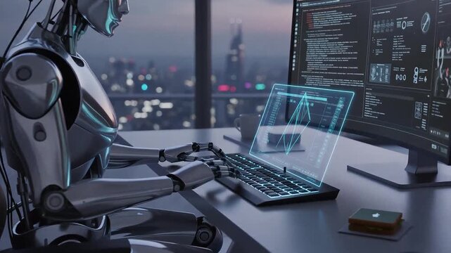 Silver humanoid robot sits at desk typing on glowing holographic laptop as large monitor shows code in high-rise office with dusk city skyline behind window.
