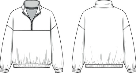 Oversized Quarter Zip Pullover Technical Fashion Sketch Set Front and Back View Fleece Sweatshirt Jacket Blank Template Vector Design Illustration © DALIARA 