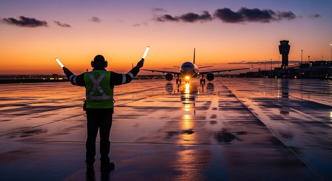 Airport ground crew directing passenger airplane on wet tarmac with light wands at sunrise, illuminated by aircraft lights.