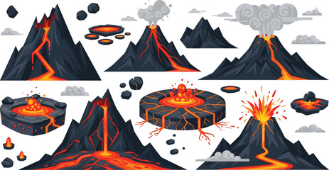 Volcano eruption collection with lava flows, craters, and mountains, dramatic natural disaster scenes in detailed flat vector illustration set © MdAbuSayed