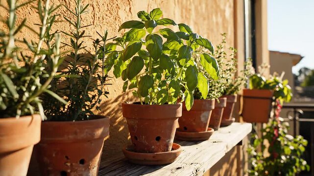 Sunlit row of potted culinary herbs on weathered wooden balcony shelf
