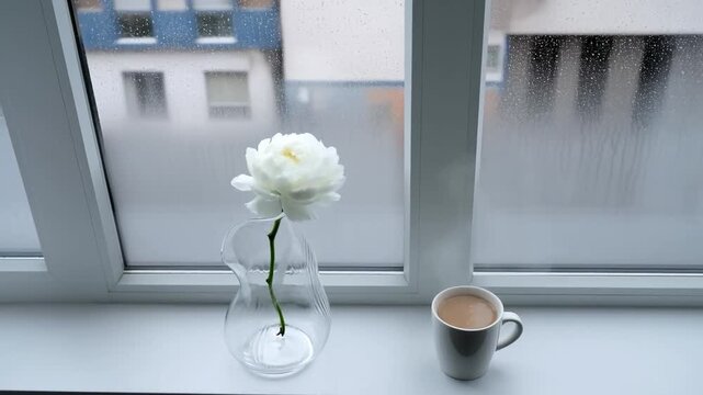Cozy rainy windowsill with white peony, glass vase and coffee mug