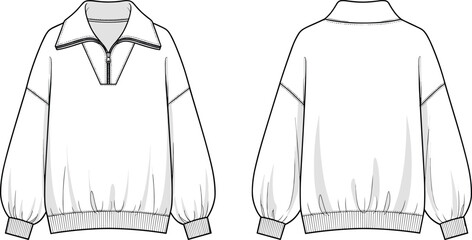 Women Oversized Quarter Zip Sweatshirt Technical Flat Sketch Vector Template with Drop Shoulder and Ribbed Hem for Fashion Design Portfolio © DALIARA 