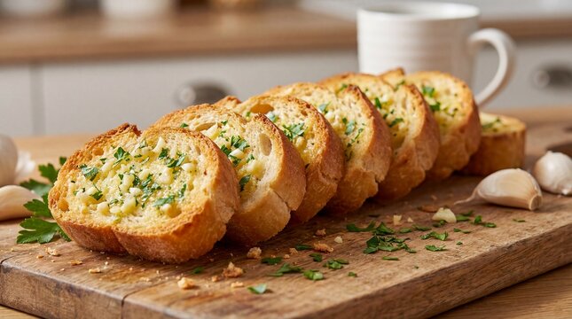 Delicious Garlic Bread Slices with Parsley and Garlic Cloves on a Wooden Cutting Board a Rustic Kitchen Setting