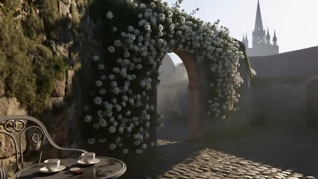 Sunlit cobblestone courtyard with floral arch, bistro set and spire