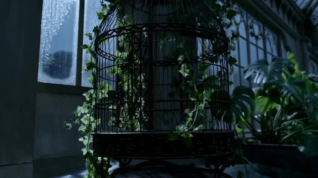Overcast twilight conservatory interior with lush foliage and empty ornate birdcage