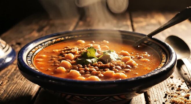 Steaming spiced chickpea lentil soup served in patterned bowl on rustic table