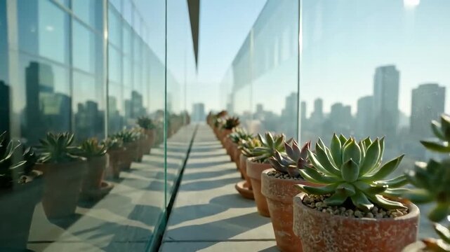 Sunlit balcony lined with potted succulents overlooking urban skyline