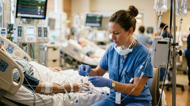 Medium shot of a nurse adjusting IV lines in an intensive care unit focusing on detailed care protocols while monitors fade into the background.