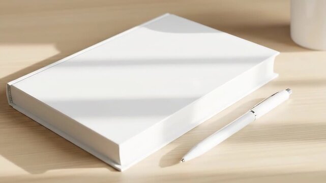 A white book and pen sit on a wooden desk in a well-lit