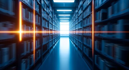 Fototapeta premium Vast digital library corridor illuminated by intersecting data streams, symbolizing the boundless journey of knowledge acquisition and exploration in a futuristic setting