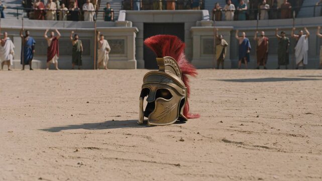 Ancient Roman Legionary Helmet with Red Feather Resting on Desert Sand, Historical Military Artifact, Warfare Symbolism.