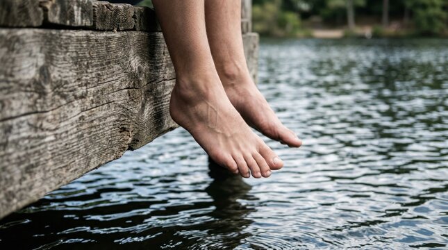Bare feet dangling over the edge of a wooden pier