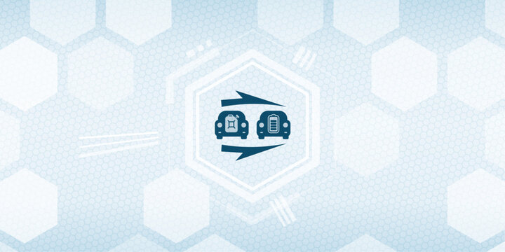 Vektor illustration of transition from internal combustion engine to electric vehicle mobility concept showing car with fuel can and battery symbol