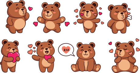 Fototapeta premium Cute teddy bear characters expressing love with hearts, kisses, and romantic gestures in adorable cartoon flat vector illustration set