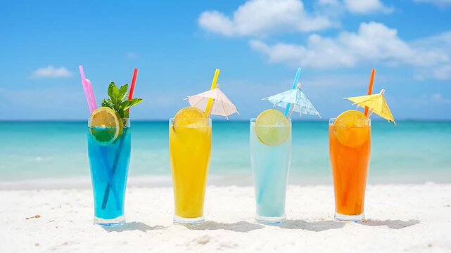 Four colorful cocktails with umbrellas on a sunny beach with ocean