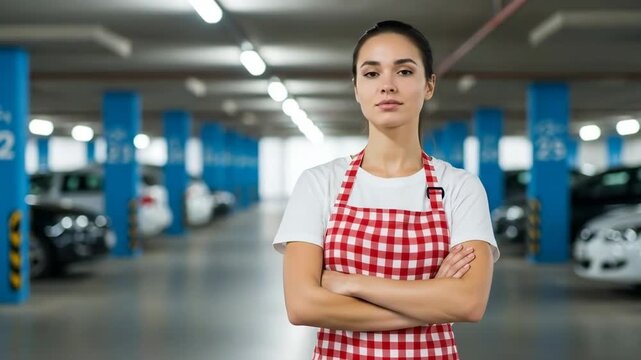 A woman in a red and white checkered apron standing confidently in a parking garage with cars in the background, captured in a professional .