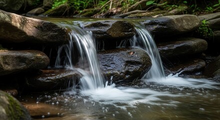 Fototapeta premium Serene Forest Stream with Small Waterfalls and Lush Green Environment