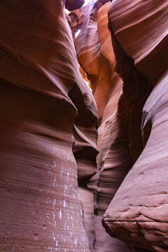 View of swirling sandstone walls create a mesmerizing dance of light and shadow in a narrow slot canyon, Page, Arizona, United States.