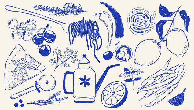 Hand drawn Mediterranean food set: Italian pasta, pizza and vegetables sketch illustration