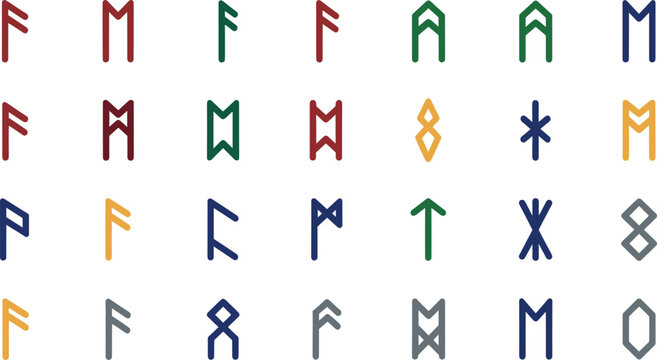 A collection of colorful runic symbols arranged on a white background