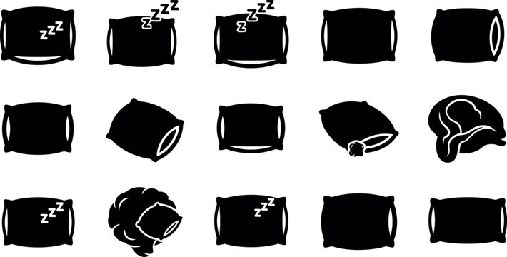 A set of black and white icons depicting various sleeping pillow positions