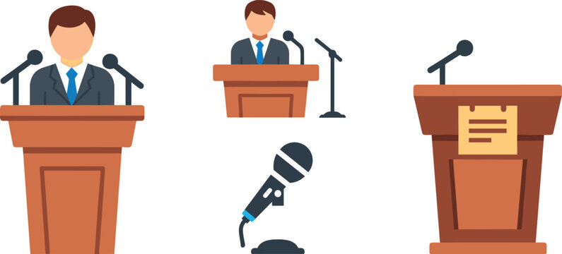 An illustration of various lecterns and microphones for public speaking events