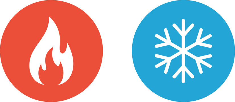 Hot and Cold Icon, solid vector illustration depicting warm and cool temperature symbols, heating and freezing indicators, fire and snowflake signs, and thermostat interface design for climate control