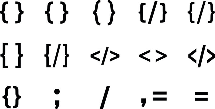 A collection of coding symbols and brackets on a plain background