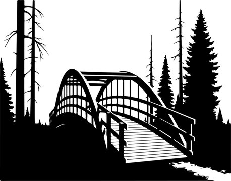 Black and white bridge, forest bridge silhouette, wooden bridge, monochrome landscape