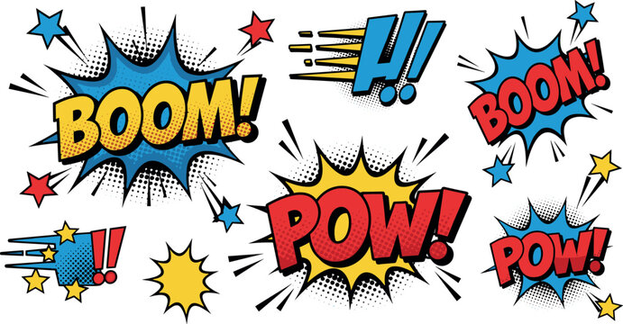 A vibrant collection of comic book style explosion and action graphics