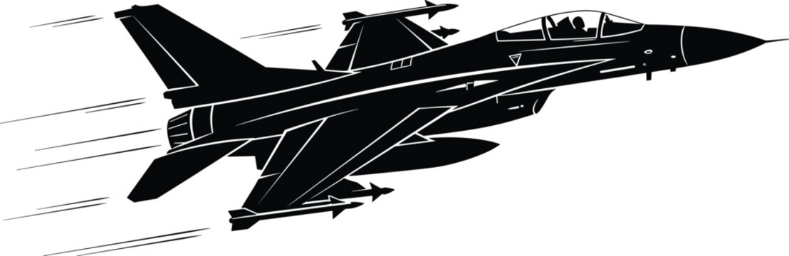 Modern supersonic fighter jet silhouette vector illustration featuring a combat aircraft in flight with missiles for air force defense military projects.
