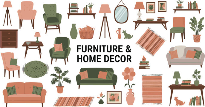 Vector illustration collage of furniture and home d&eacute;cor featuring sofas, tables, lamps, rugs, plants, vases, and decorative icons.