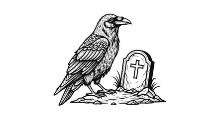 Fototapeta premium Raven Bird Sitting Next to a Tombstone in a Graveyard