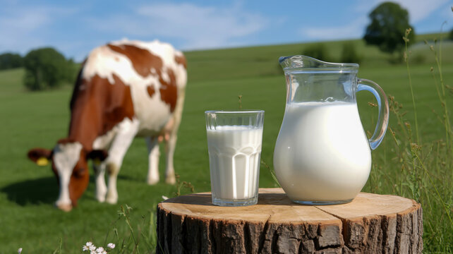 A glass and jug of milk on a tree stump with a cow in the background