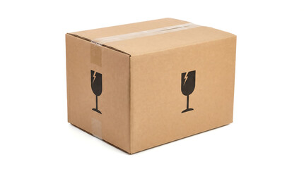 Fragile Package: An ordinary cardboard box with clear fragile symbols, symbolizing the careful handling of transported goods. 
