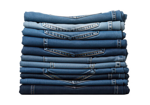 A neatly stacked pile of blue denim jeans showcasing texture and seams on transparent background