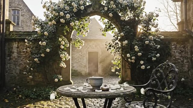 Sunlit cobblestone courtyard with stone table, rose arch and patio seating