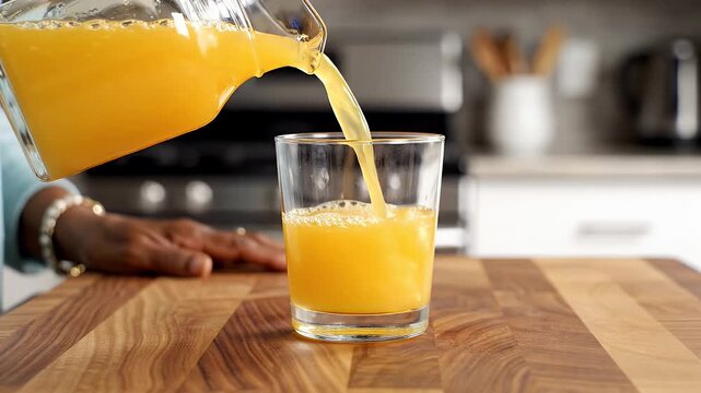 Fresh orange juice being poured from a glass pitcher into a clear glass